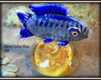 Blue Fish Glass Sculpture on fumed Base - MADE TO ORDER - Shawn Tucker Lampwork Art Glass
