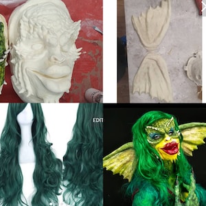 3 piece reptile inspired stripe / greta  SET unpainted gremlins inspired face latex ears wig