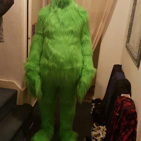 Fur full suit all in one lime Green fur Onesie fancy dress costume. christmas costume. Grouch grinchy