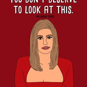 Könnte beinhalten: Eine rote Karte mit weißem Text, der "YOU DON'T DESERVE TO LOOK AT THIS." lautet. Die Karte hat auch den Text "HOLLABACK CARDS" in kleinerem Weiß. Die Karte zeigt eine Cartoon-Illustration einer Frau mit langen blonden Haaren, die ein rotes Crop-Top trägt.