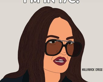 Puede incluir: Una ilustración digital de una mujer con cabello largo y oscuro que lleva gafas de sol y una chaqueta negra. El texto "OH MY GOD, I'M IN 17C." está por encima de la cabeza de la mujer. El texto "HOLLABACK CARDS" está en la esquina inferior derecha de la imagen.