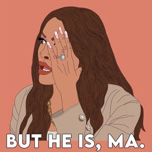 Può includere: Illustrazione di una donna con lunghi capelli castani, che copre parte del suo viso con la mano, rivelando un anello. L'immagine presenta il testo "BUT HE IS, MA." e "HOLLABACK CARDS" su uno sfondo color pesca.
