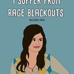 Könnte beinhalten: Eine Cartoon-Illustration einer Frau mit braunen Haaren, die einen beigefarbenen Pullover mit blauem und gelbem Rautenmuster trägt. Der Text "I suffer from rage blackouts." befindet sich über der Frau. Der Text "Hollabck Cards" befindet sich unter der Frau.