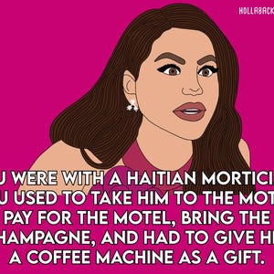 Può includere: Illustrazione a cartoni animati di una donna con i capelli castani su sfondo rosa. Il testo recita: "YOU WERE WITH A HAITIAN MORTICIAN. YOU USED TO TAKE HIM TO THE MOTEL, PAY FOR THE MOTEL, BRING THE CHAMPAGNE, AND HAD TO GIVE HIM A COFFEE MACHINE AS A GIFT."