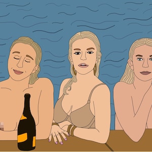 May include: Three women are sitting at a table in a pool. The woman on the left is holding a bottle of wine. The woman in the middle is wearing a beige bra. The woman on the right is holding a glass of wine. The text "HOLLABACK CARDS" is at the bottom of the image.