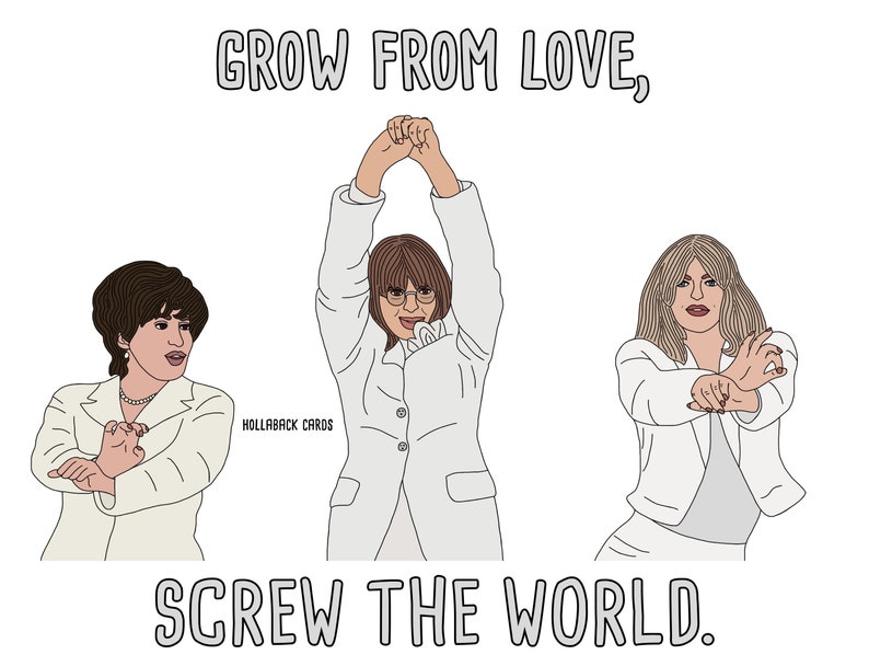 May include: Three women in white suits with different hairstyles and expressions. The text "GROW FROM LOVE, SCREW THE WORLD." is written in black letters on a white background.