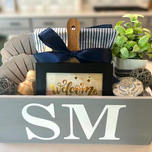 Monogram Welcome Home Gift Basket - Personalized Housewarming Gift Basket - New Home Gift Package - New Home Gift Set reusable wooden box
