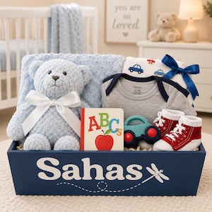 Newborn Baby Boy Gift Basket: Personalized Wooden Keepsake Box