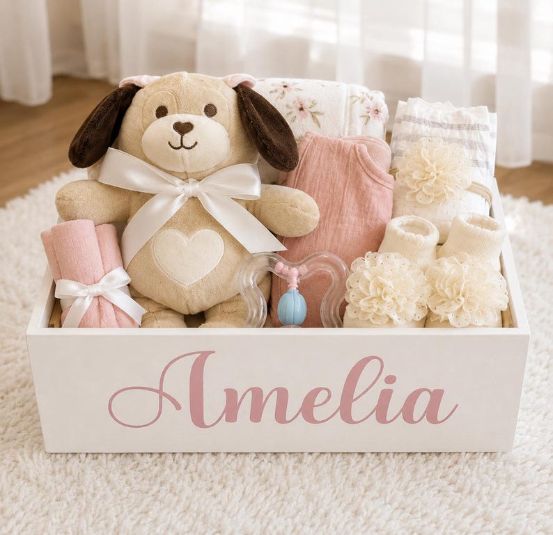Peut inclure: Une bo&icirc;te cadeau en bois blanc avec le pr&eacute;nom Amelia imprim&eacute; en &eacute;criture rose. &Agrave; l'int&eacute;rieur se trouvent un chien en peluche beige avec un ruban blanc, un ensemble en tissu rose, une couverture &agrave; fleurs, un hochet en plastique et deux chaussons.