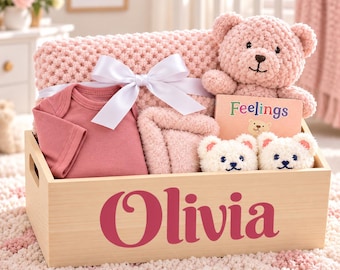 Personalized Baby Girl Gift Basket | Newborn Baby Gift Box | Wooden Keepsake Box | Baby Shower Gift