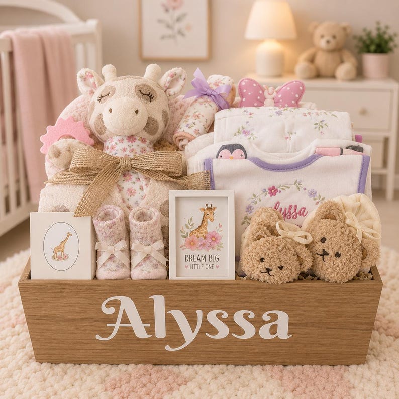 Coffret cadeau bébé fille : boîte en bois personnalisée solide avec nom peint à la main, remplie d'articles de qualité pour bébé image 15