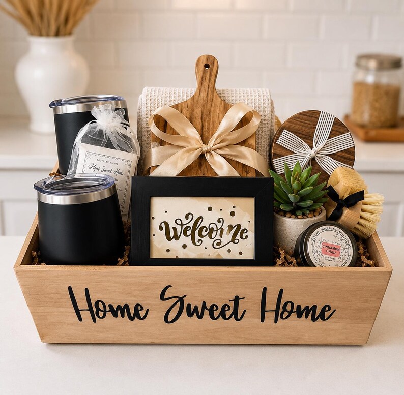 May include: A wooden gift crate labeled Home Sweet Home containing two black tumblers, a wooden cutting board with a gold ribbon, a black picture frame with the word Welcome, a small potted succulent, a round wooden coaster, and a scrub brush.