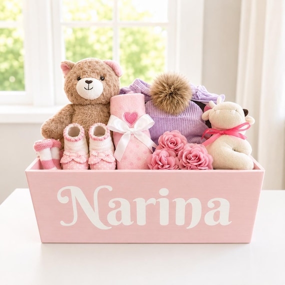 Baby Girl Gift Set: Sturdy Personalized Wooden Box With Hand-Painted Name, Filled with Quality Baby Gift Items