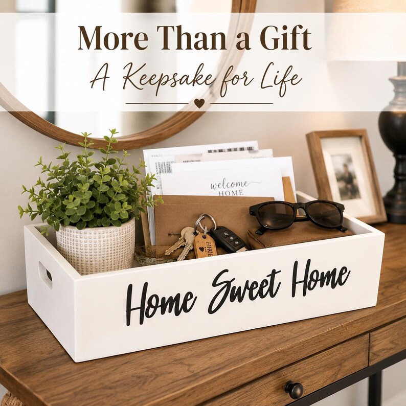 May include: A rectangular white wooden storage tray with cut-out handles and the black text Home Sweet Home printed on the front. The tray contains a small potted green plant, envelopes, a set of keys with a wooden tag, and black sunglasses.