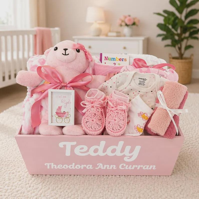 Coffret cadeau bébé fille : boîte en bois personnalisée solide avec nom peint à la main, remplie d'articles de qualité pour bébé image 13