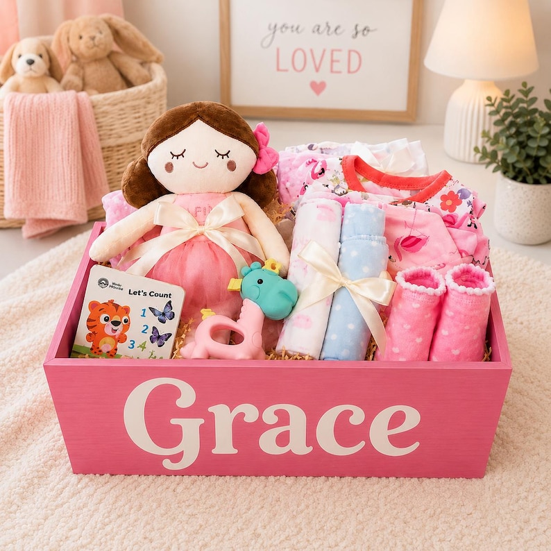 May include: A pink wooden gift crate with the name Grace printed in white on the front. Inside are a plush doll in a pink dress, a teal dinosaur teether, a board book titled Let's Count, two rolled swaddle blankets, pink socks, and patterned clothing.