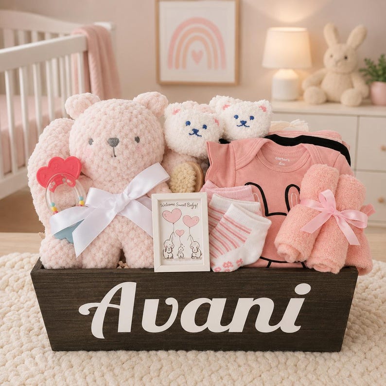 Coffret cadeau bébé fille : boîte en bois personnalisée solide avec nom peint à la main, remplie d'articles de qualité pour bébé image 16
