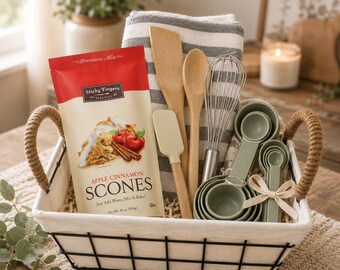 Gourmet Breakfast Gift Basket with Scone Mix, Wooden Utensils & Spatula – Cozy Morning Gift, Housewarming, Thank You Gift