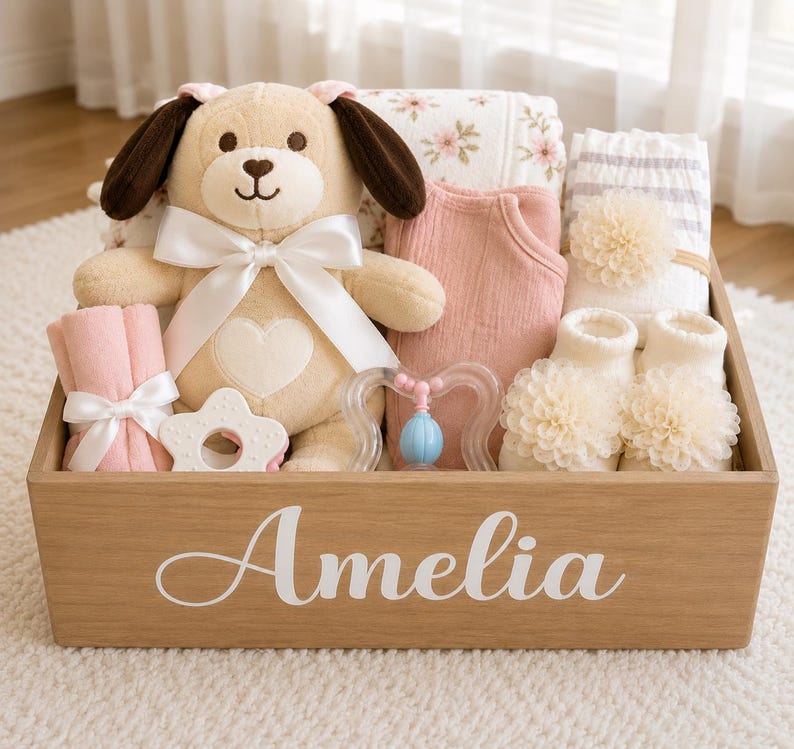 Peut inclure: Une caisse cadeau en bois avec le pr&eacute;nom Amelia imprim&eacute; en blanc sur le devant. &Agrave; l'int&eacute;rieur se trouvent un chien en peluche beige avec un n&oelig;ud blanc, un body rose, une couverture &agrave; fleurs, un anneau de dentition &eacute;toile et des chaussons.