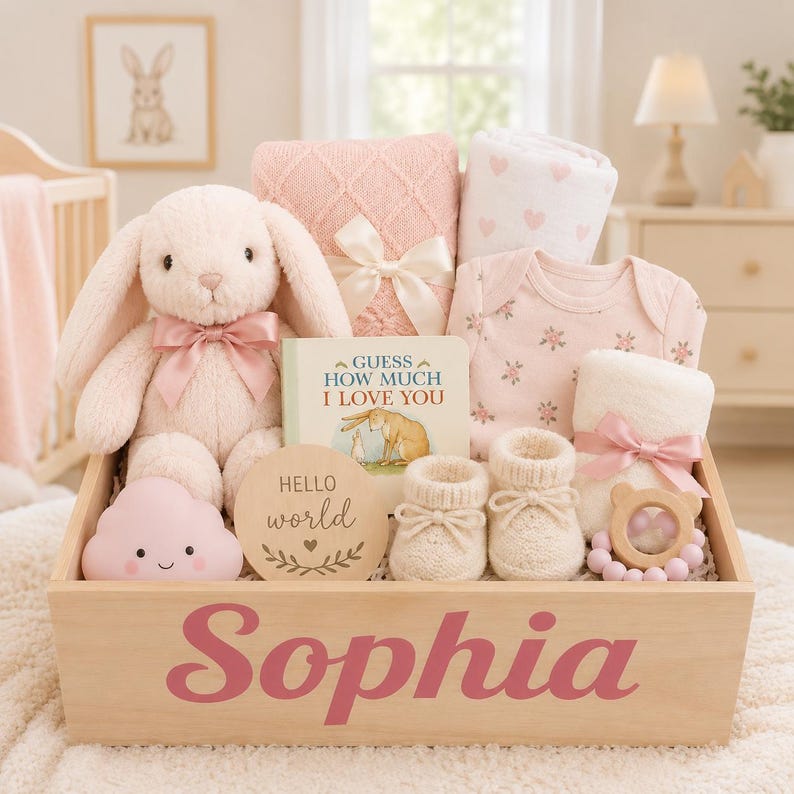 Coffret cadeau bébé fille : boîte en bois personnalisée solide avec nom peint à la main, remplie d'articles de qualité pour bébé image 14