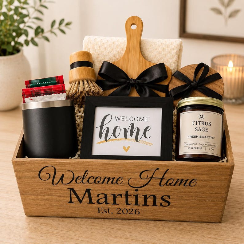 May include: A wooden gift basket labeled Welcome Home Martins Est. 2026 containing a black tumbler, a scrub brush, a cream-colored towel, a bamboo cutting board with a black bow, a framed Welcome Home sign, and a 7 oz Citrus Sage candle.