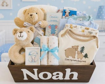 Luxury Baby Boy Basket, Personalized Wooden Keepsake, Newborn Shower Gift