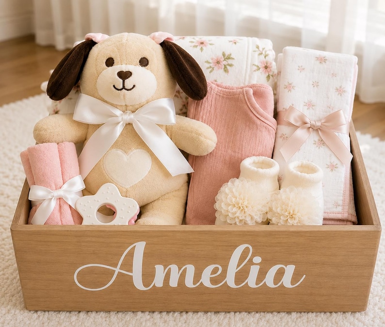 May include: A wooden gift box with the name Amelia printed in white script on the front. Inside are a tan plush dog with a white bow, a pink onesie, a white star-shaped teether, a pair of cream booties, and two folded blankets with floral prints.