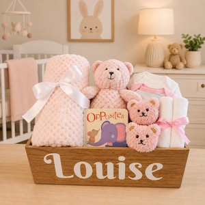 Baby Girl Gift Set: Sturdy Personalized Wooden Box With Hand-Painted Name, Filled with Quality Baby Gift Items image 10