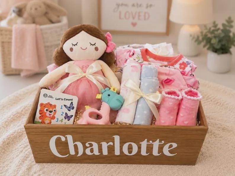 Coffret cadeau bébé fille : boîte en bois personnalisée solide avec nom peint à la main, remplie d'articles de qualité pour bébé image 11