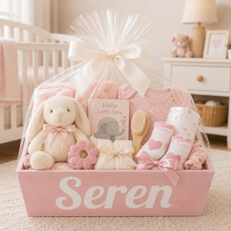 Coffret cadeau bébé fille : boîte en bois personnalisée solide avec nom peint à la main, remplie d'articles de qualité pour bébé image 3