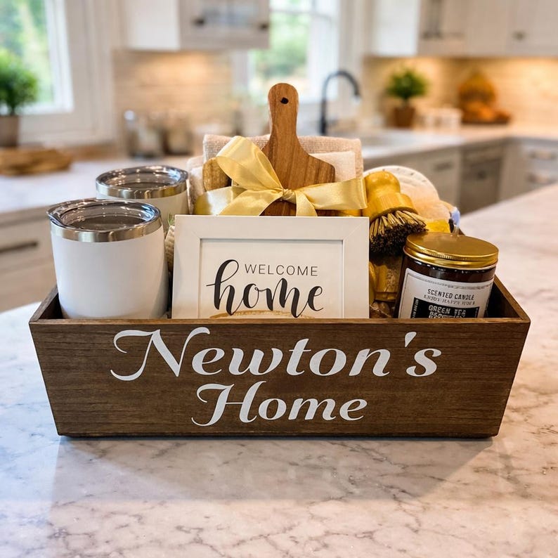 May include: A rectangular dark wood crate with the white text Newton's Home containing two white tumblers, a white sign with the text Welcome home, a wooden cutting board tied with a yellow ribbon, a wooden scrub brush, and a green tea scented candle.