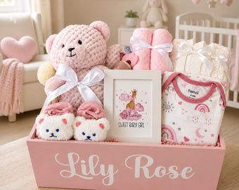 Luxury Baby Girl Basket , Personalized Wooden Keepsake,  Newborn Shower Gift