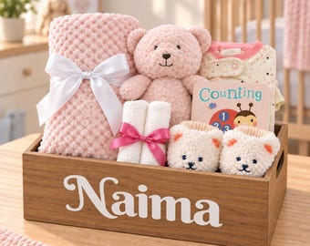 Personalized Baby Girl Basket, Wooden Keepsake Box, Newborn Shower Gift