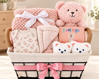 Baby Shower Gift Basket for Girl or Boy, Newborn Essentials Set, Reusable Nursery Diaper Organizer, Pink or Blue