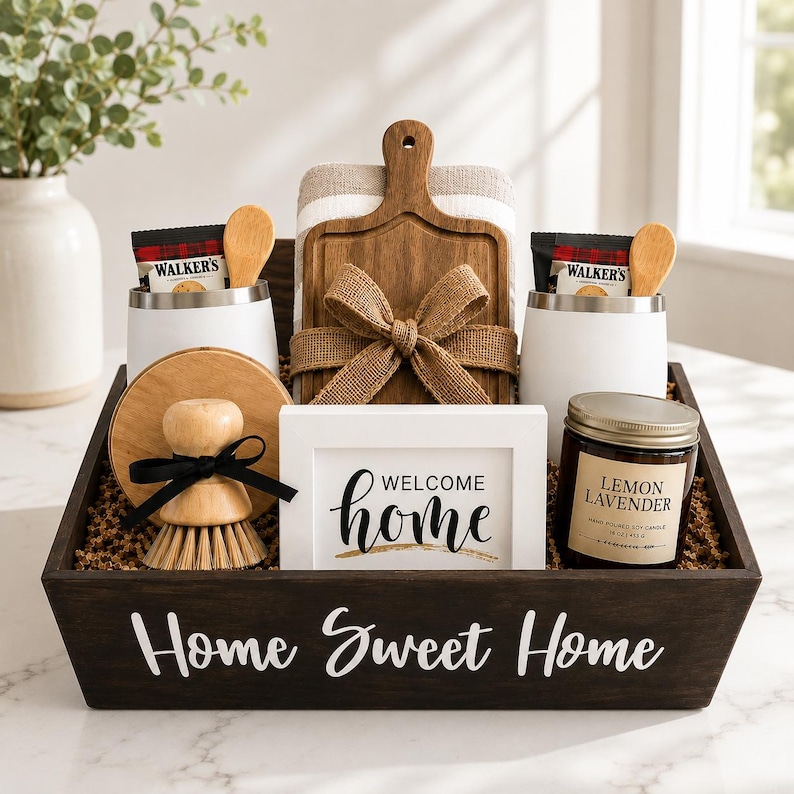 May include: A dark wooden gift crate labeled Home Sweet Home containing a wooden cutting board with a burlap bow, two white tumblers with Walker's shortbread, a wooden scrub brush, a white sign reading Welcome home, and a Lemon Lavender soy candle.