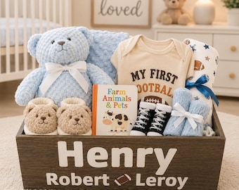 Personalized Baby Boy Gift Basket , Wooden Keepsake Box, Newborn Shower Gift