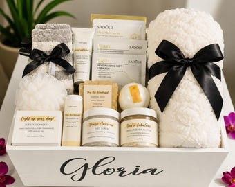 Personalized Wooden Spa Gift Basket for Women, Custom Name Keepsake Box, Luxury Self Care Gift, Birthday for Her