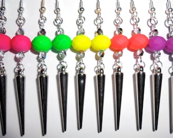 Funky Spike Drop Earrings, Czech Fire Polished Beads, Gothic Jewelry, Neon & Metallic Colors