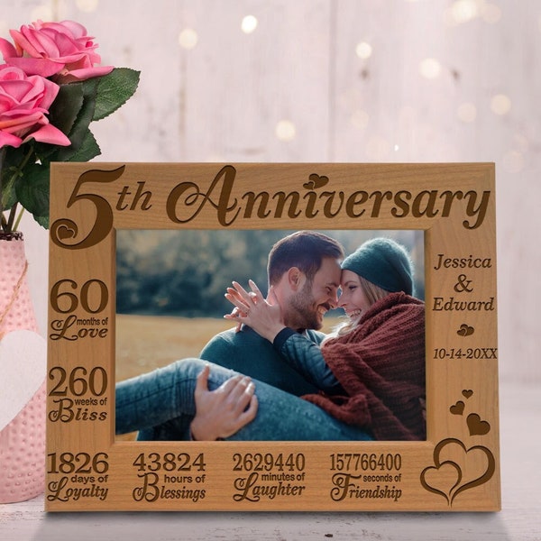 PERSONALIZED 5th Anniversary Wood Gift, Picture Frame. Traditional Wood 5th Wedding, Marriage Anniversary Gifts for him, for her, couple.