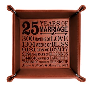 PERSONALIZED - 25 Years of Marriage Engraved Leather Valet Tray. Traditional Twenty Fifth Anniversary Gifts for Couple, Husband, Wife