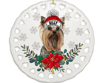PERSONALIZED - Cute Yorkshire Terrier Dog Ceramic Ornament. Gift for Christmas, Family, Holiday Season, Dog Mom and Dad, Furry Friend