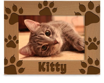 PERSONALIZED - Cat Paws Engraved Natural Wood Picture Frame. Gifts for Cat Lovers, Birthdays, Christmas, Best Cat Ever, 1st Pet Kitty Gifts