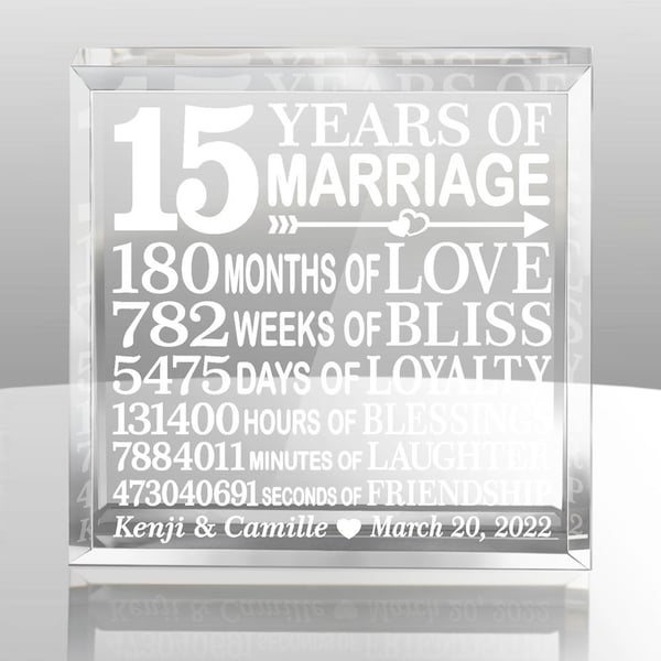 PERSONALIZED - 15 Years of Marriage Engraved Acrylic Keepsake and Paperweight. Traditional 15th Anniversary Crystal Gift for Wife or Husband