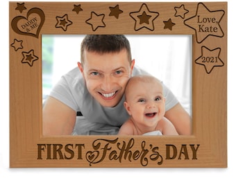 PERSONALIZED - First Father's Day Stars Engraved Natural Wood Picture Frame. Best Dad Ever, 1st Father's Day, First Time Dad, Father and Me
