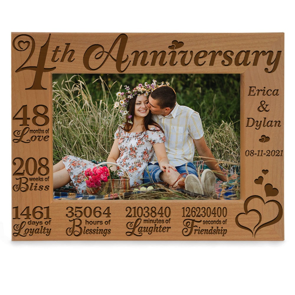 PERSONALIZED -4th Anniversary Engraved Natural Wood Picture Frame. Four Years Anniversary, Marriage Gifts for Couple, Husband and Wife