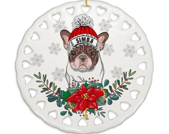 PERSONALIZED-Adorable French Bulldog Ceramic Ornament. Christmas, Family, Holiday Season, Dog Parents, Dog Mom, Dog Dad, Furry Friend Gift