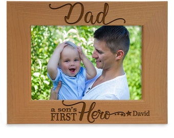 PERSONALIZED-Dad A Son's First Hero Engraved Picture Frame. Best Dad Ever, Fathers Day, Birthday, Christmas, New Dad Gift. Dad and Son Gifts