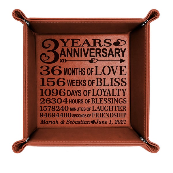 PERSONALIZED - 3 Years Anniversary Gift, Engraved Valet Tray, Traditional Leather Gift for couples, husband, wife. Wedding Anniversary Gifts