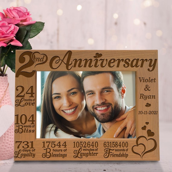 PERSONALIZED 2nd Anniversary Picture Frame. Two Years Cotton Anniversary, Marriage  Gifts for Couple, Husband, Wife, Boyfriend, Girlfriend 