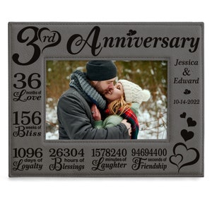 PERSONALIZED -3rd Anniversary Engraved Leather Picture Frame. Third Year Anniversary, Wedding, Marriage, Boyfriend, Girlfriend, Couple Photo